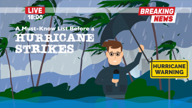 cartoon weatherman reporting during hurricane